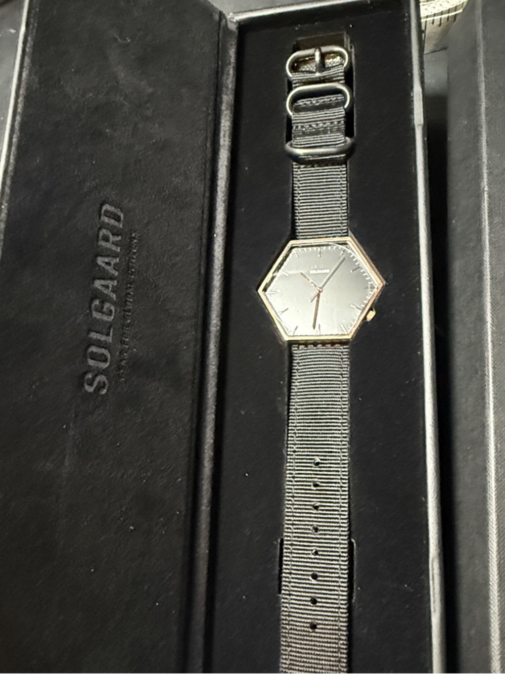 Solgaard Hexagonal Rose Gold Dial Watch with Black Nylon Strap.
